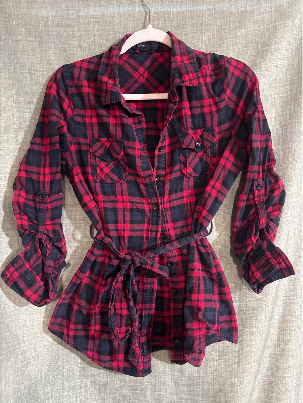 Xai Women's Red and Black Plaid Button-Up Shirt with Belt